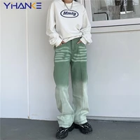 vintage high waist women green jeans korean fashion streetwear wide leg jean female denim trouser straight baggy mom denim pants