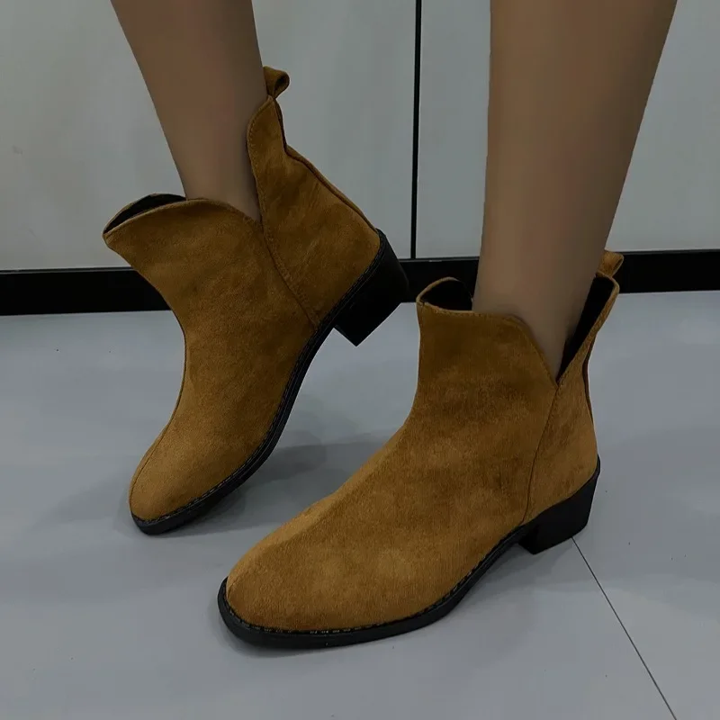 

Женские ботинки без шнуровки, повседневные удобные ботильоны с круглым носком, на квадратном каблуке, 2023