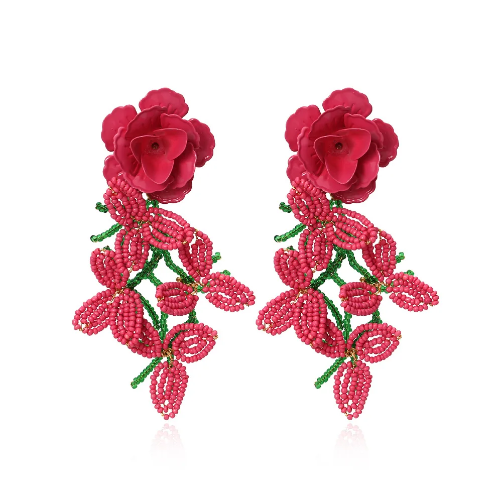 

Handwoven Rice Beads Flower Tassel Earring Personalized Exaggerated Lacquer Beads Flower Earrings For Women