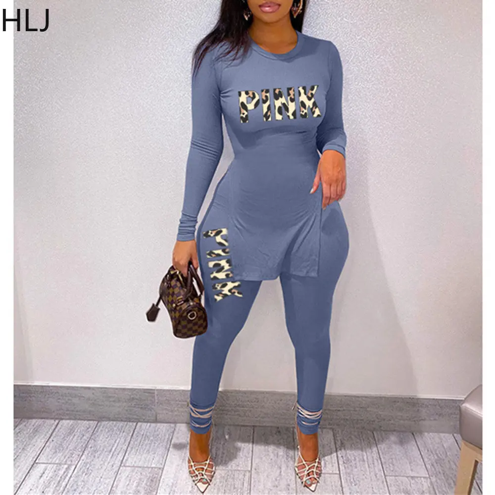 

HLJ Fashion PINK Letter Leopard Print Tracksuits Women Round Neck Long Sleeve Side Slit Top+Legging Pants Two Piece Sets Outfits