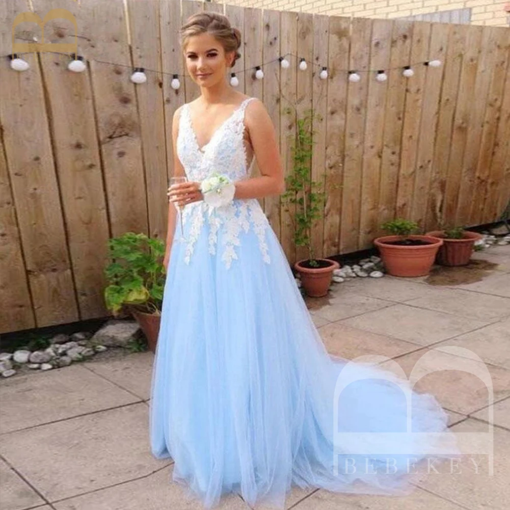 

Женское платье для выпускного вечера, синее Тюлевое платье с глубоким V-образным вырезом, бальное платье-трапеция для торжественных случаев