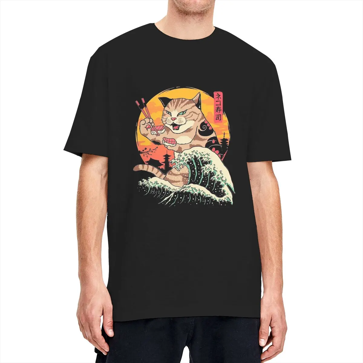 

Fashion Ukiyo-e Style Neko Sushi Wave T-Shirt Men Oversized Short Sleeve Japan Retrowave Feline Cat Tshirts Cotton Unisex Tops