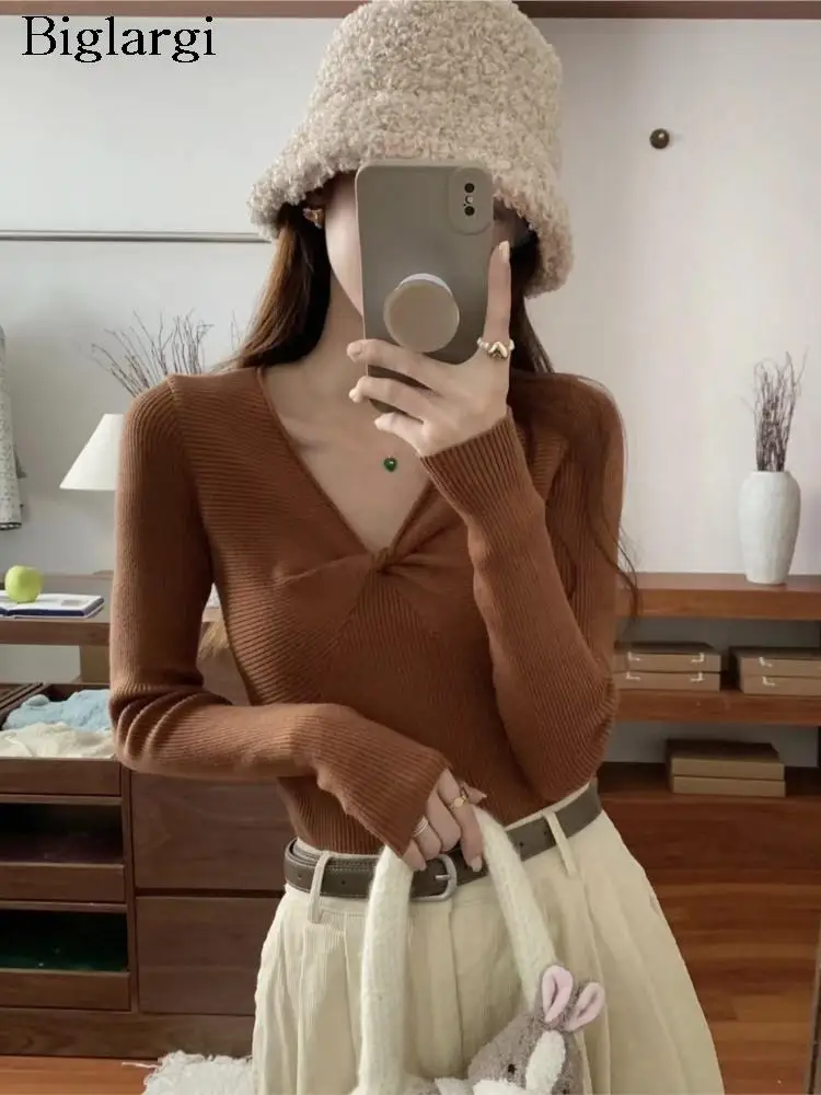 

Осенне-зимние вязаные топы, женские облегающие модные корейские женские свитера с V-образным вырезом, женский свитер с длинным рукавом, топы 2023