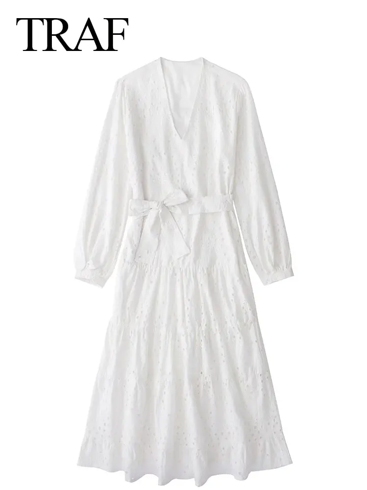 

TRAF 2022 Fashion Women's Solid Color White Dress Pullover V Neck Long Sleeve Hollow Casual Belt Bow Knot Ruffle Hem Long Dress