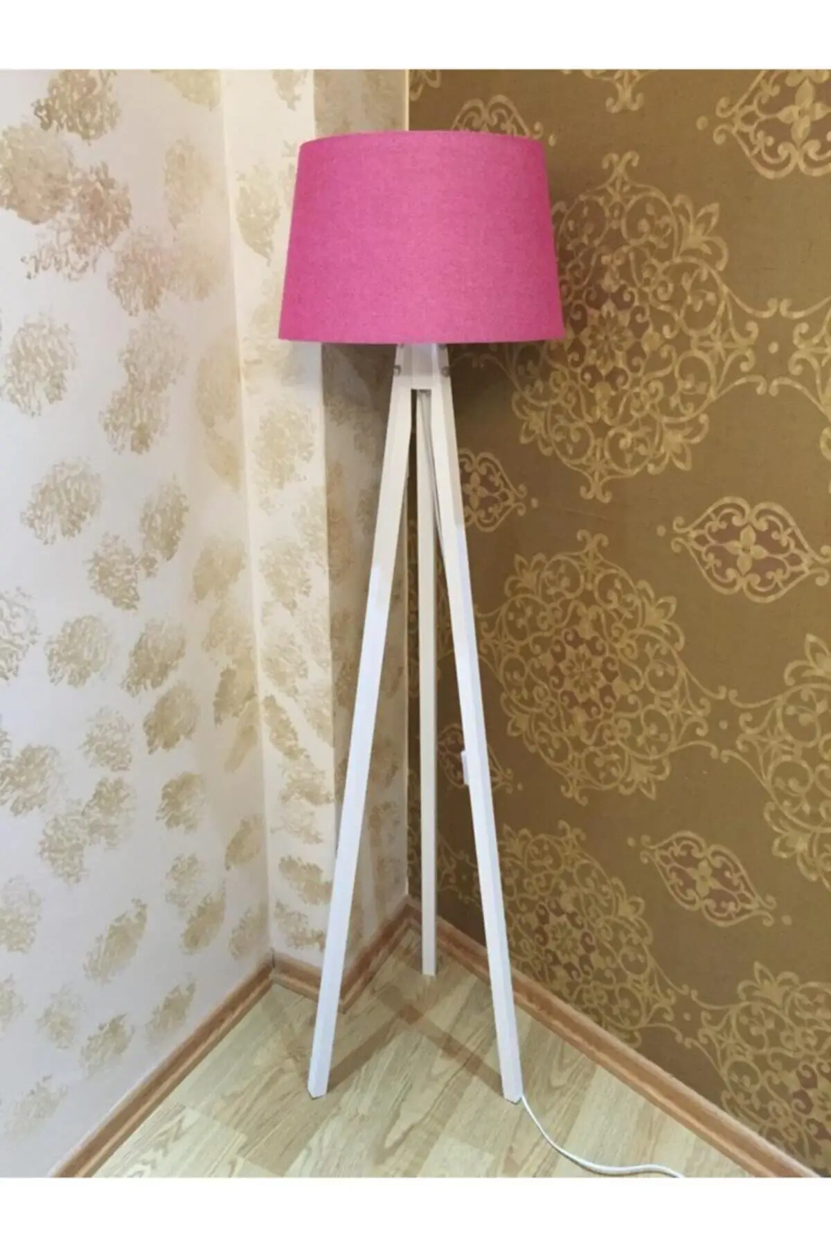

3 Wooden Floor Lamp Taper Fabric Hood Tripod Lampshade Fuchsia White
