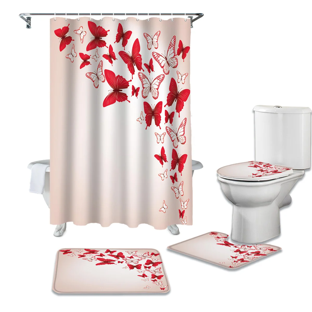 

Набор занавесок для душа с красной, белой бабочкой и насекомым, крышка на ковер, крышка для унитаза, коврик для ванной комнаты, домашний