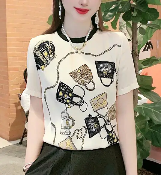 

Printed T Shirt Women Short Sleee Satin Tops Summer Wome Printed White Tees Shirts for Women