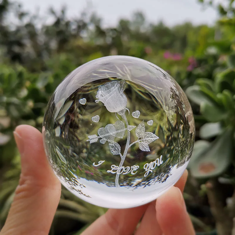 

60mm Crystal Ball 3D Laser Engraved Glass Sphere Rose Flower Globe Glass Sphere Home Decoration Valentine's Day Gift Ornament
