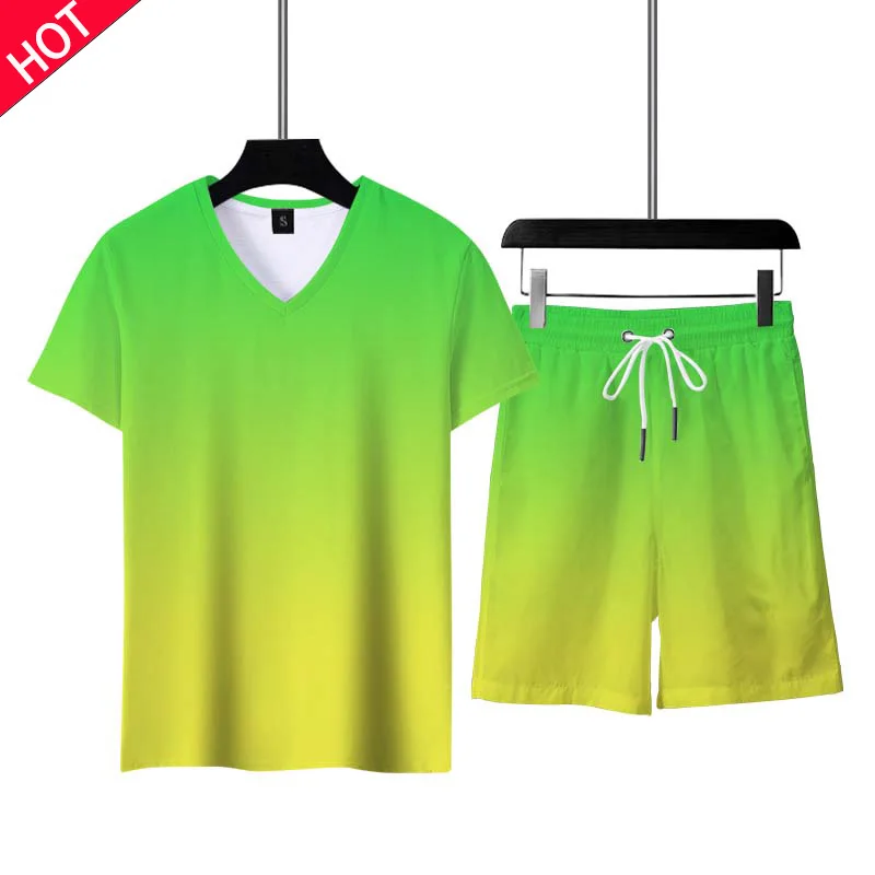

Gradient V Neck Thicken Men's Clothing Top Tees Summer 3d Print Shorts Sportswear Fashion Casual Blouse Men's Sports Suit