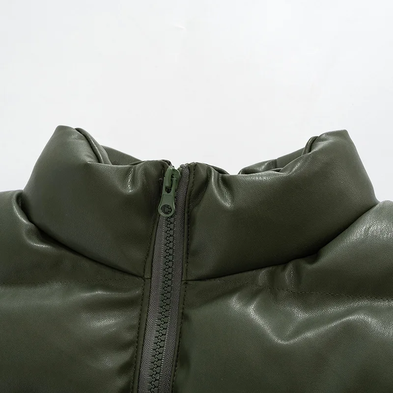 Zipper Stand Collar Short Sleeve Puffer Jacket For Women Streetwear Y2K Autumn Winter PU Leather Short Jacktes Parkas Coats