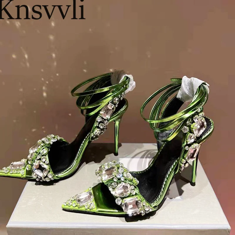 

Crystal Pointed Toe gladiator sandals women High Heels Ankle Cross Tied Party Prom Shoes Women Stiletto Rhinestone Sandals Woman