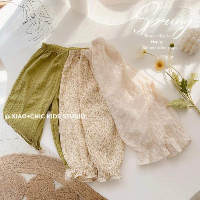 

Girls' Floral Green Cotton Breathable Anti-mosquito Pants Women's Loose Pants Summer
