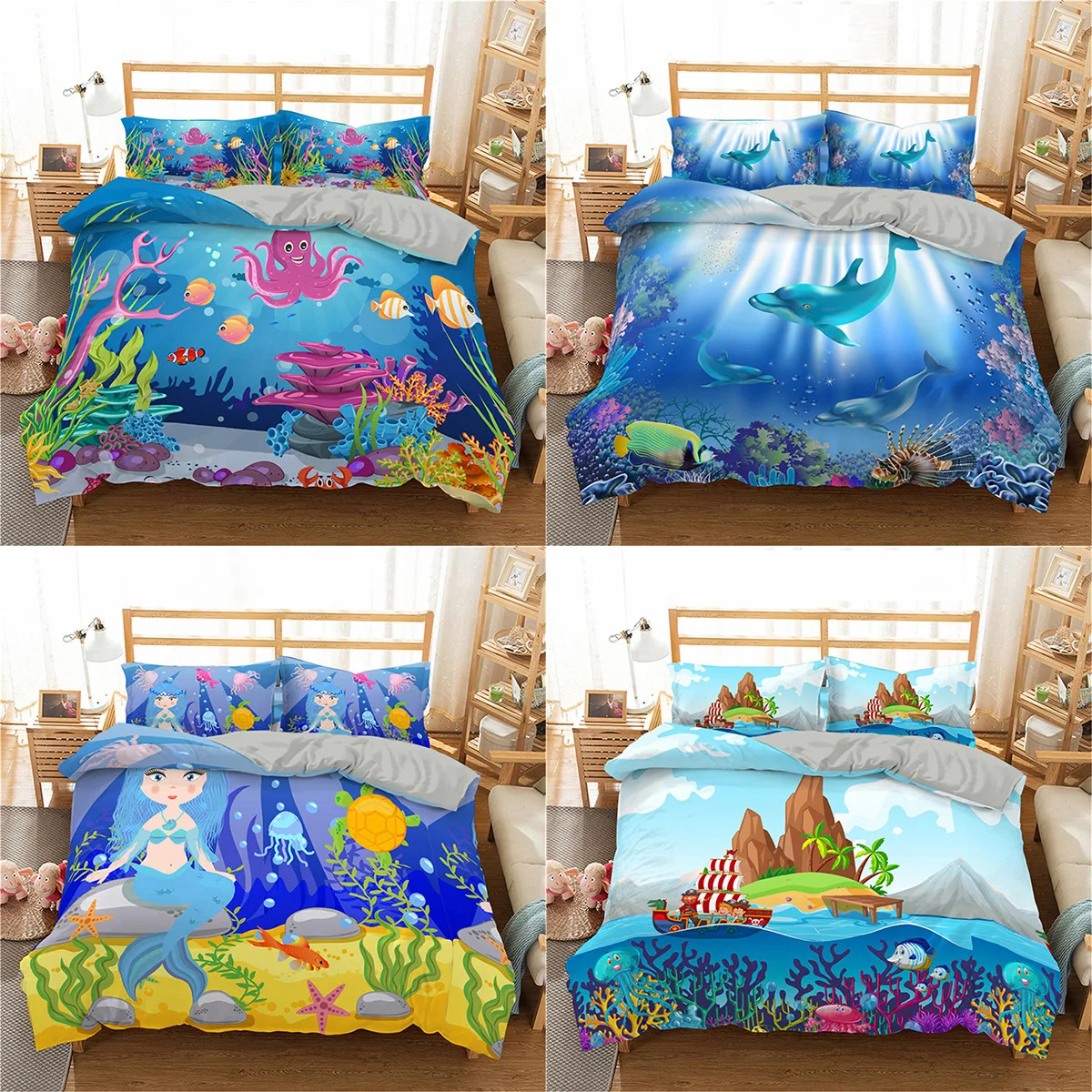 

Underwater world quilt cover three piece set 3D digital printing bedding set king size bedding