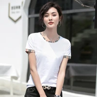 2022 summer short sleeved t shirt womens new casual popular round neck stitching slim simple top