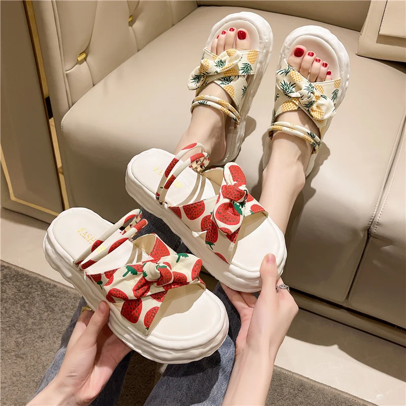 

Med Shoes Woman 2022 Slippers For Swimming Pool Platform Pantofle Luxury Slides Butterfly-Knot Beach New Designer Flat PU Cotton