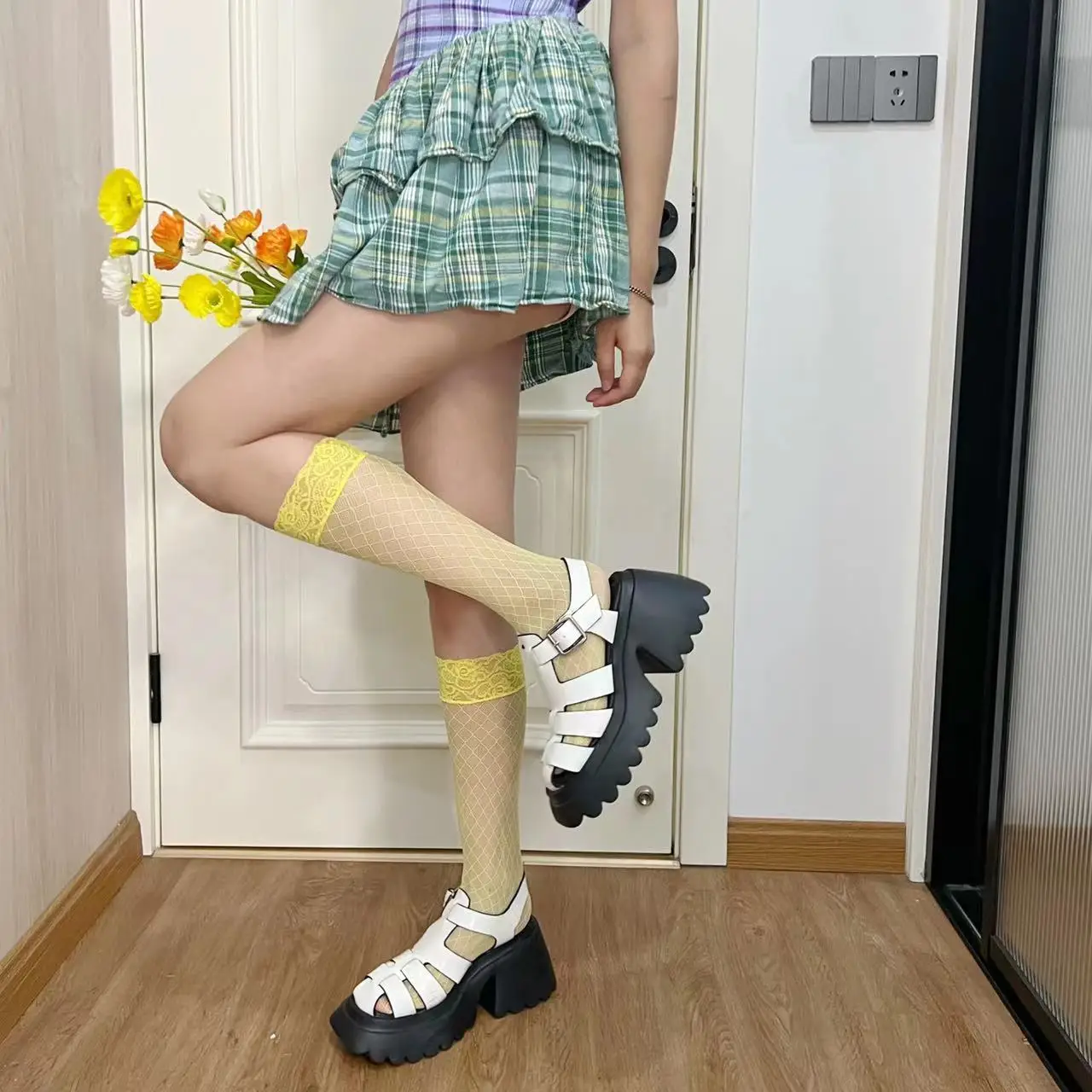 Spring, Summer, New Candy Color Color Joker Fine Screen Dark Grain Ling Grace Lace Socks Leg Two Girl Wearing Socks