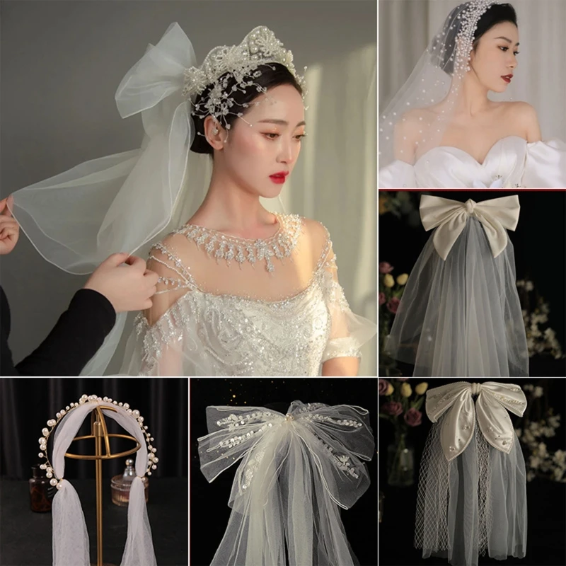 

Bridal Veil Women's Simple Tulle Long Bachelorette Party Wedding Veil Ribbon Edge with Pearl Flower Crown for Weddiing