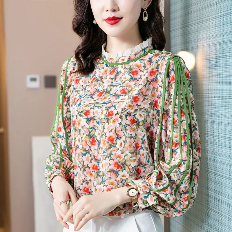 

Printing silk blouse top female long sleeve 2022 new lantern sleeve mulberry silk floral shirt women design sense niche blouse
