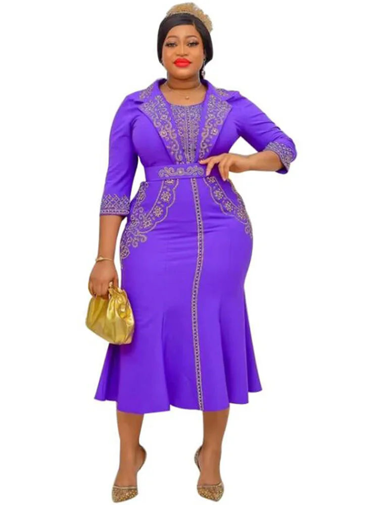 

Plus Size Dresses For Women 3/4 Sleeve High Waist Notched Neck Robes Spring Autumn New Fashion Office Lady Party Dress Vestidos
