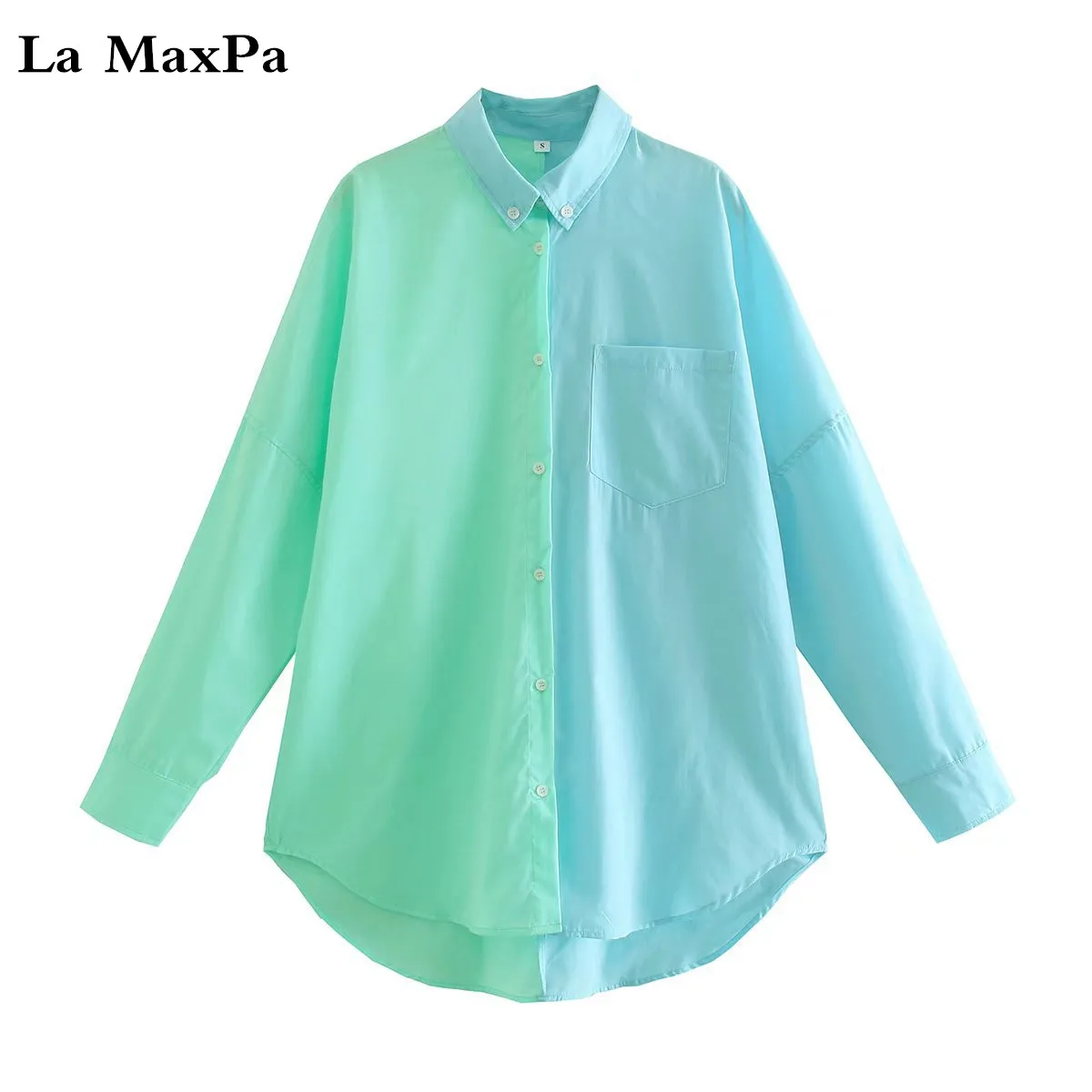 Fashion Contrast Colors Women Shirt Summer Autumn Sexy Girls Full Sleeves Button-up Asymmetry Poplin Blouse Stylish Tops images - 6