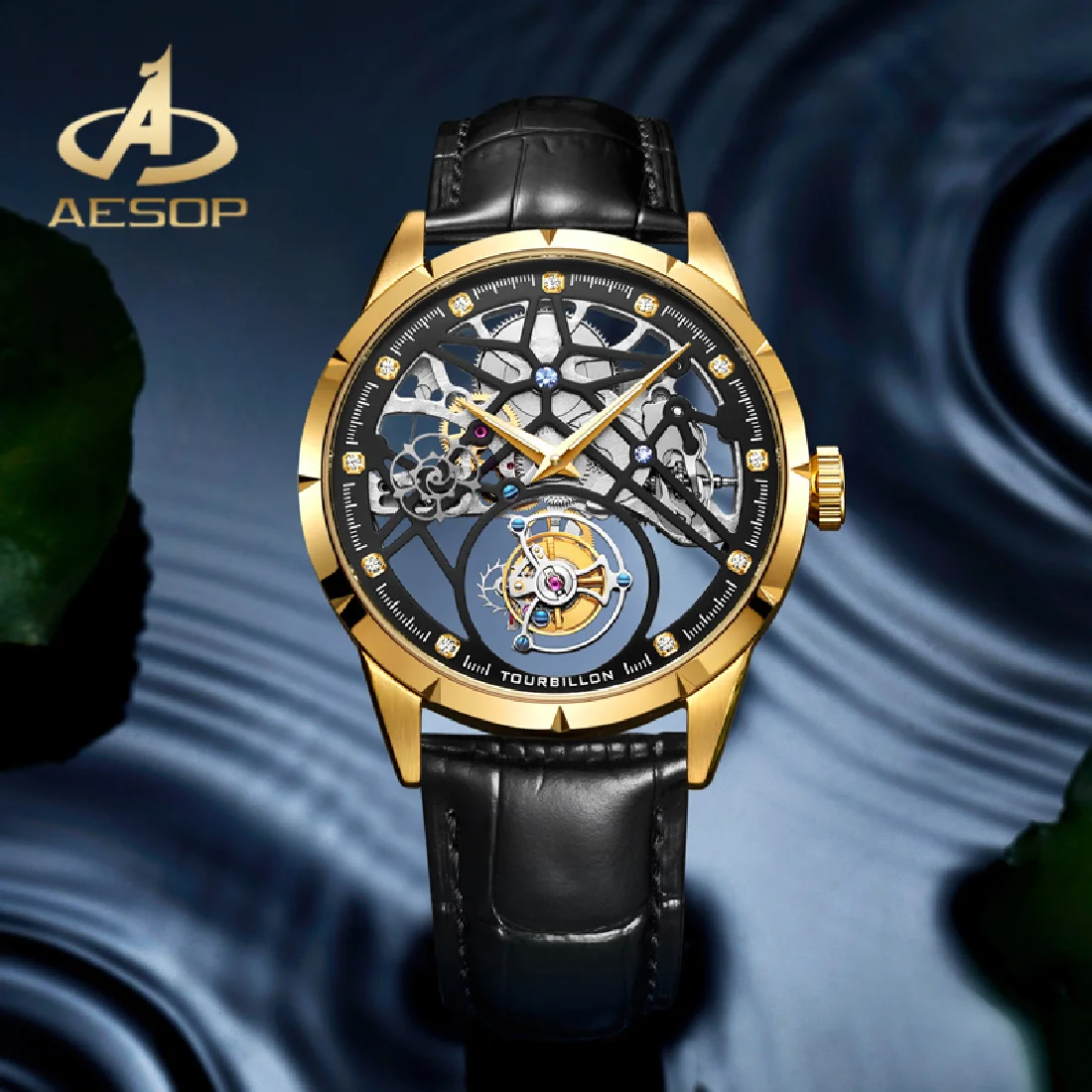 

AESOP Mens Stainless Steel Mechanical Watches 42mmTourbillon Waterproof Sappire Glass Sport Clock Golden Case Relogio Masculino