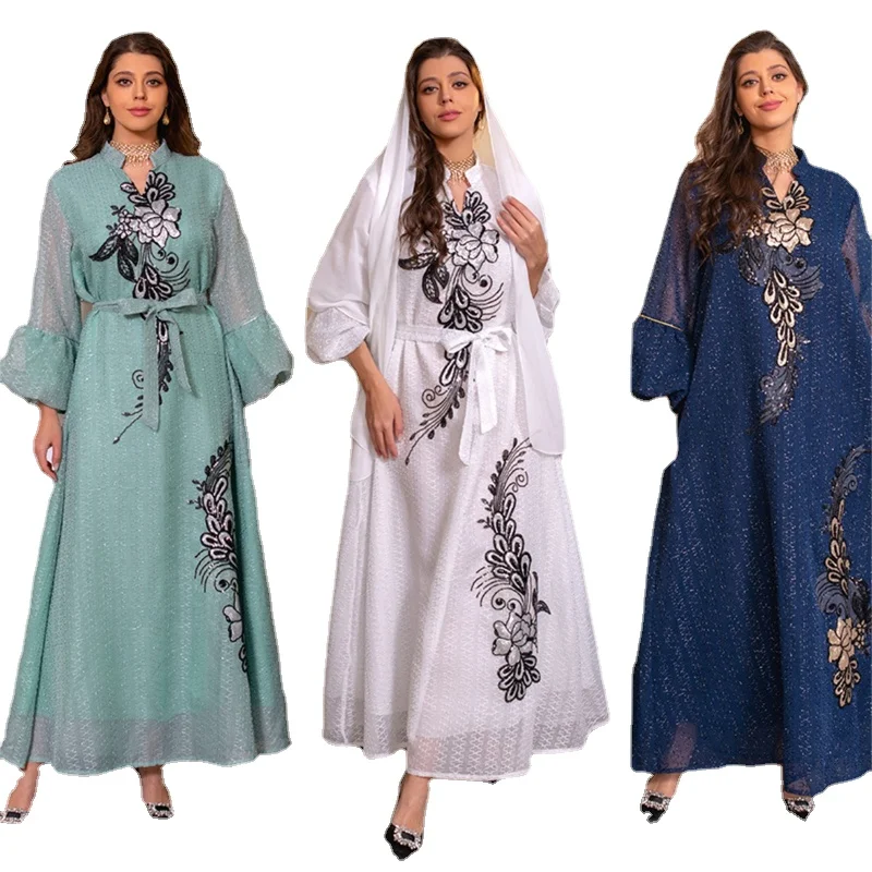 

Abaya Luxury Appliques V-Neck Petal Sleeve Belted Dress Jalabiyat Ramadan Modest Clothing Women 2023 Spring Autumn New