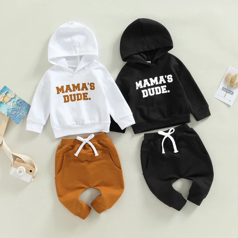 

Baby Boys 2Pcs Spring Fall Hooded Sweatshirt Outfits, Long Sleeve Letter Print Hoodie and Pocket Pants Set, 0-3Years