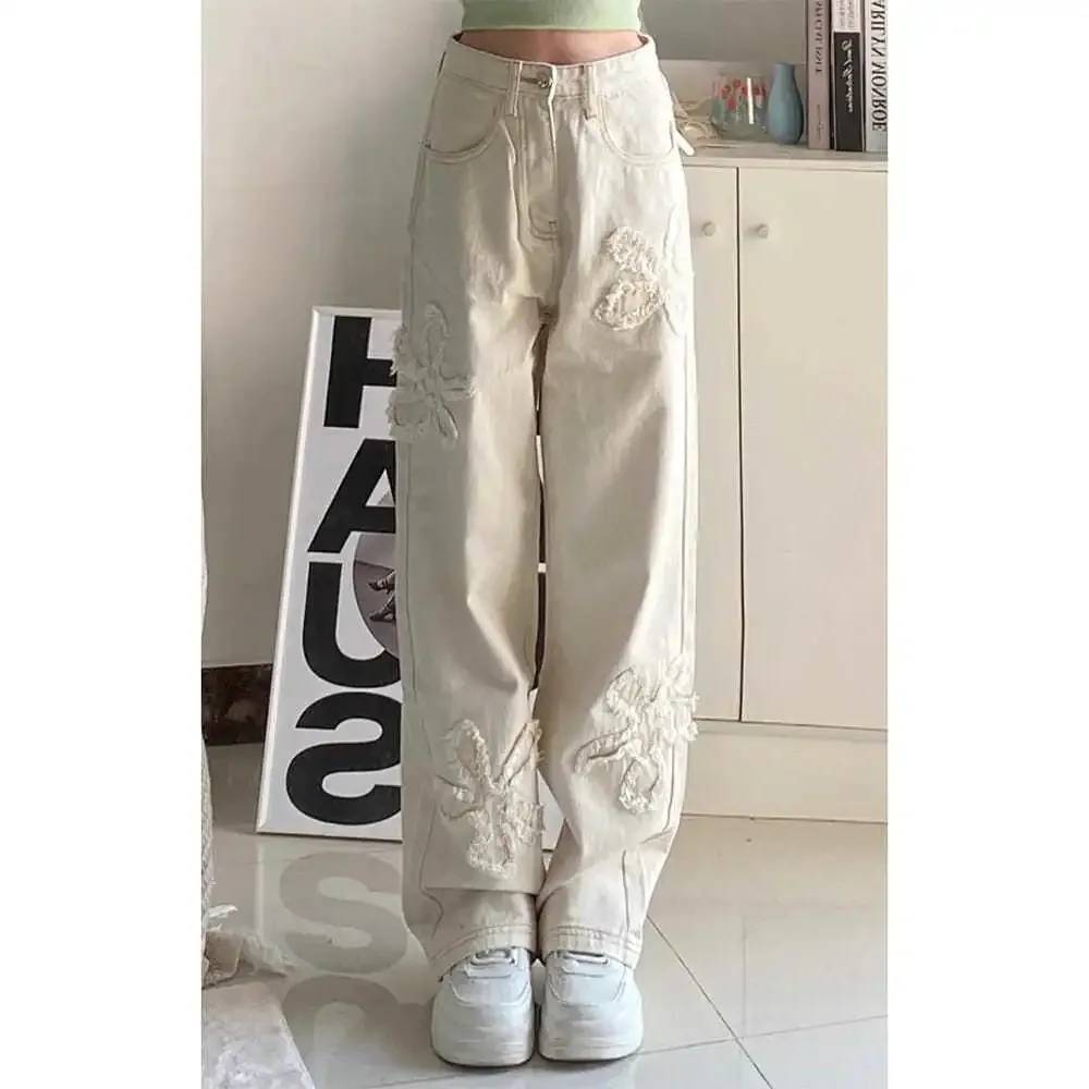 

Wash And Paste Cloth With Rough Edges Flowers Denim Pants High Waist Straight Tube Loose Thin Versatile Jeans Women High Street