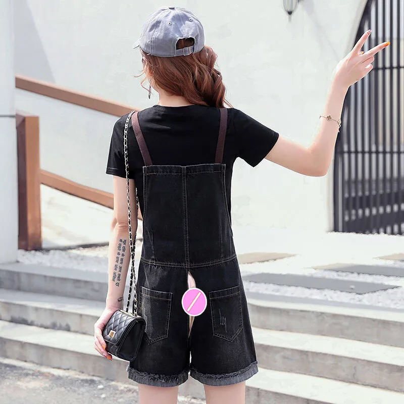 Invisible Open Crotch Outdoor Convenient Denim Suspender Pants Women's 2022 New Shorts Autumn Korean Style Loose Jumpsuit Jeans