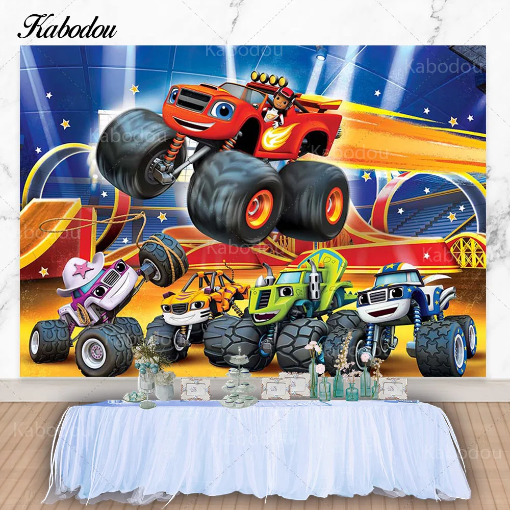 

Kabodou Monster Machine Photo Backdrop For Boys Happy Birthday Photography Background Speed Race Decorations Banner Booth Props