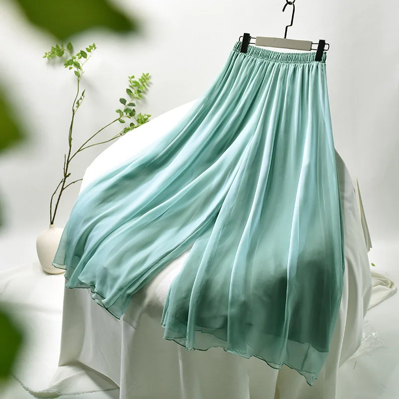 

Double-layer Chiffon Skirt Pants Gray Green White Pink Wide Leg Casual Summer Women Ankle Pants