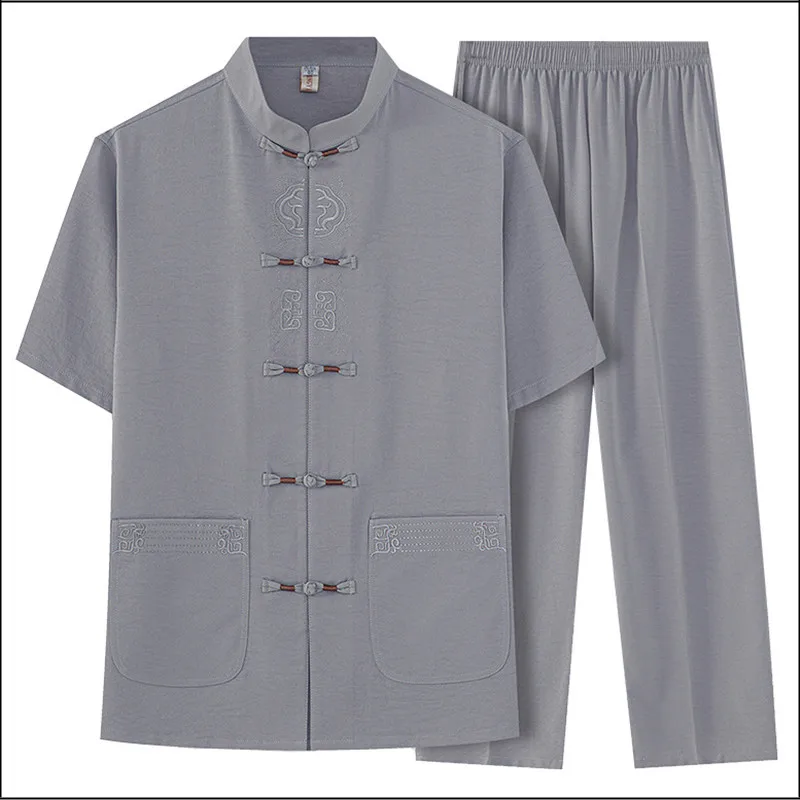 

Chinese Clothing for Men Tang Suit Vintage Embroidery Short Sleeve Tops Trousers Taichi Uniform Summer Male Hanfu Shirts Pants
