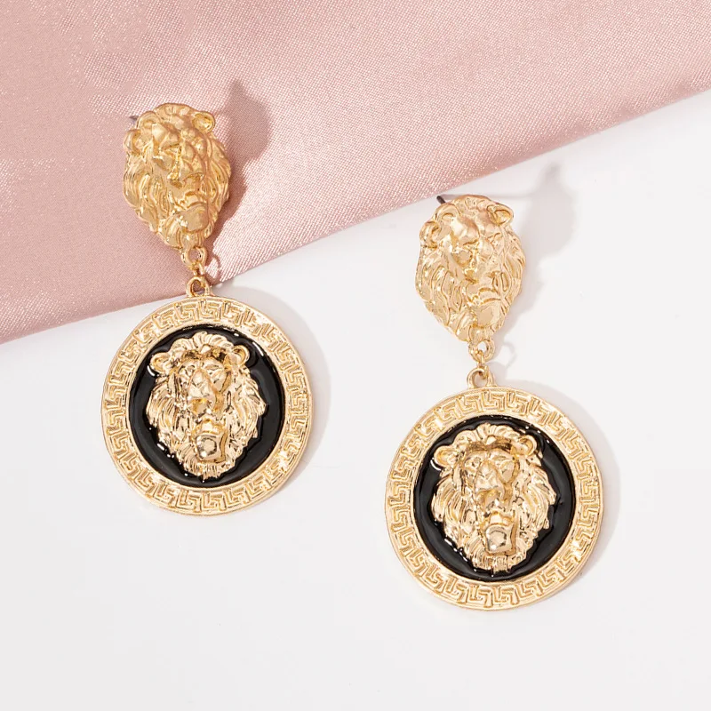 

Vintage Golden Dripping Earrings For Women Embossed Lion Head Rage Cool Simplicity Temperament Earrings