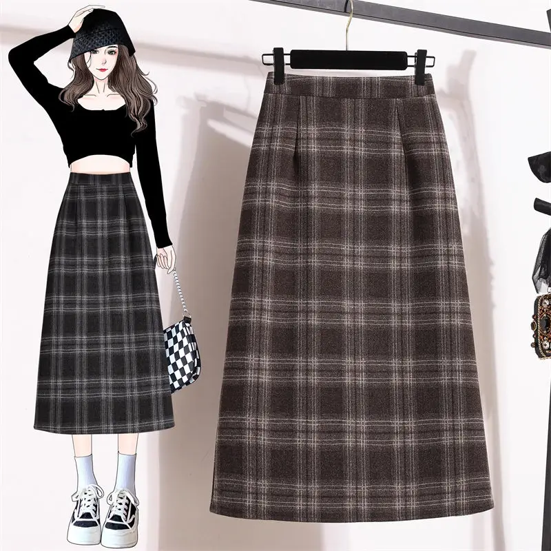 

Винтажная шерстяная юбка А-силуэта для женщин, Осень-зима 2023, ретро, матовая клетчатая Повседневная универсальная юбка, свободная юбка средней длины, Saias Z3865