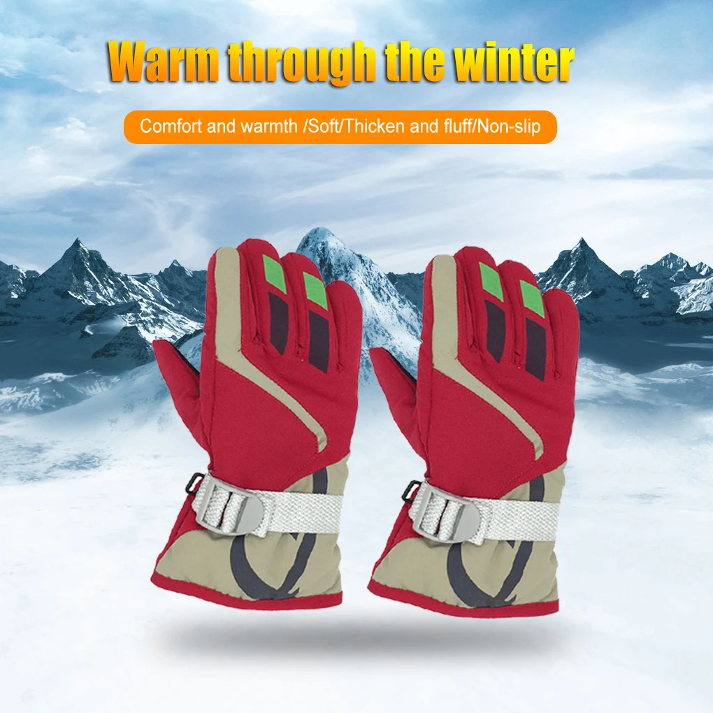 

1 Pair Gloves Kids Waterproof Windproof Thermal Skiing with Adjustable Buckle Outdoor Sports Print Patterns red