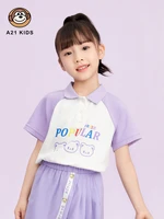 a21 girls short sleeve polo shirt 2022 summer lapel fun pattern letter cute print contrast color stitching loose childrens top