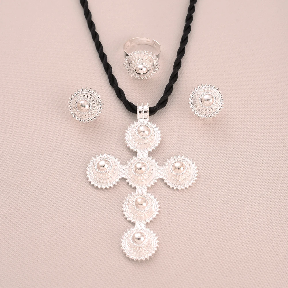

Ethiopian Famous Silver Plate Cross Jewelry set Necklace and Earrings EthiopiaEritrea set for Women's Habesha Wedding party Gift