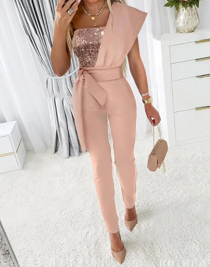 Elegant Jumpsuit Women Contrast Sequin 2022 Autumn Europe America Fashion Women's Clothes One Shoulder Jumpsuit & Sexy Jumpsuits