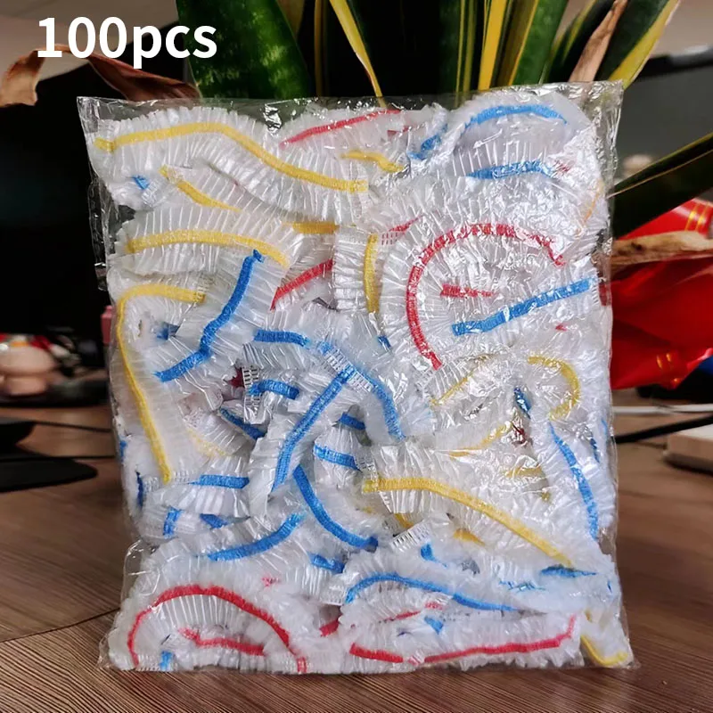 

100 шт. одноразовая пластиковая пленка без слез, цветные пищевые тарелки, универсальная эластичная крышка для еды, шапочка для душа, кухонное хранение