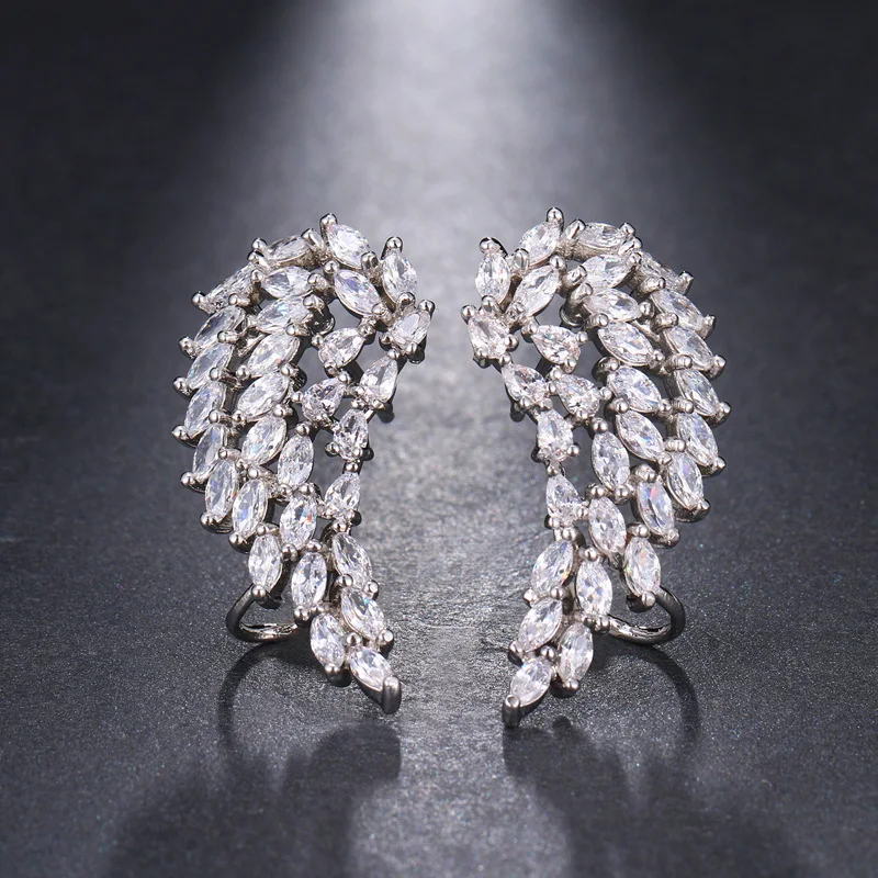

14K Gold Plated High Polish Crystal Cubic Cut Zirconia Exquisite Trendy Angel Wing Stud Earrings For Women