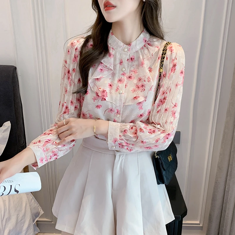 

Prints Women's Shirts Summer 2023 New Chiffon Blouses Loose Long Sleeves Casual Ruffles Top Ladies O-neck Clothing YCMYUNYAN