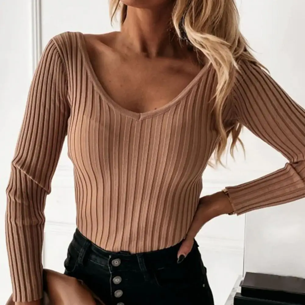 

Bottoming Blouse Ribbed Knitted Blouse Autumn Winter Solid Color Skinny Pullover Top