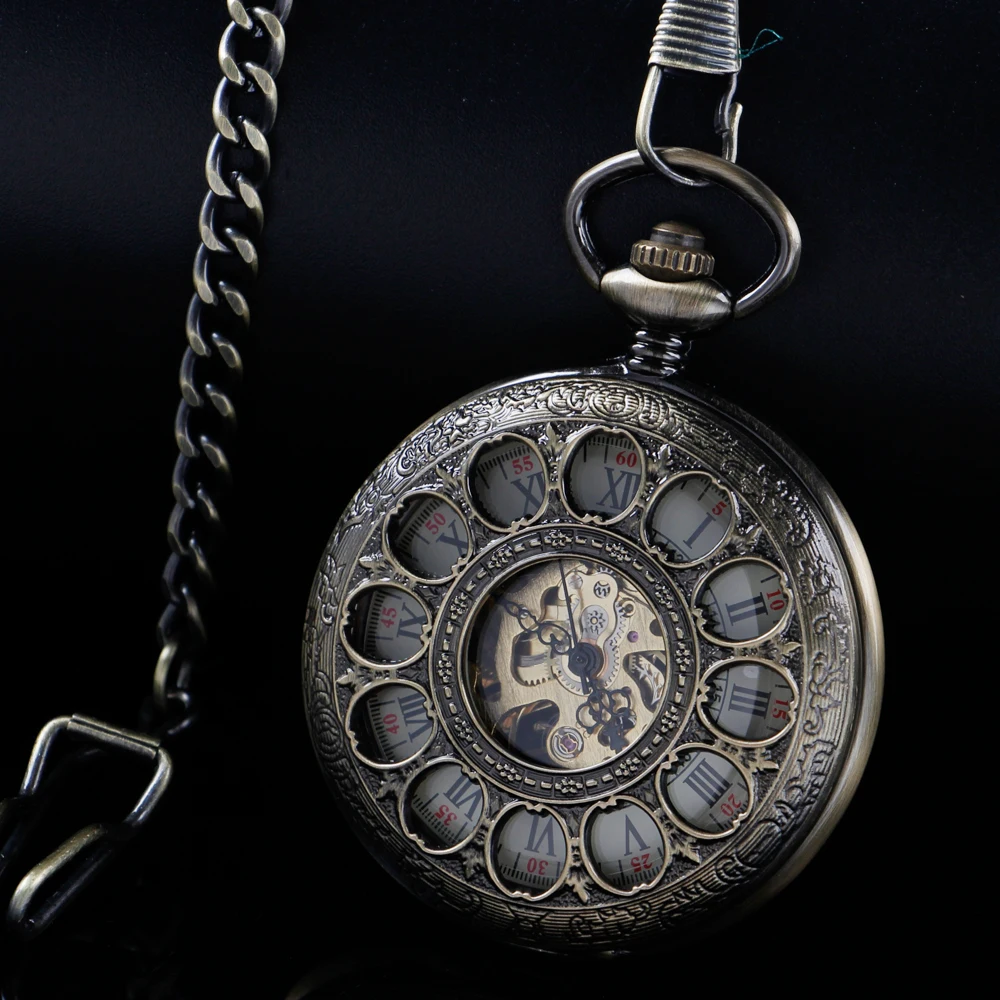 Exquisite Hollowed-Out Pattern Mechanical Manual Pocket Watch Gold Roman Digital Skull Dial Pendant Automatic Antique Clock