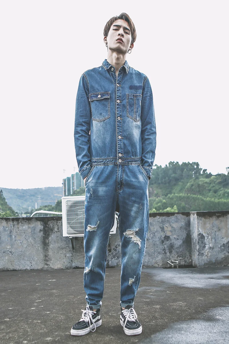 Spring and Autumn Men Jumpsuit Overalls Denim Jumpsuit Men's Hip Hop Hole Small Feet Denim Jacket Jumpsuit Men