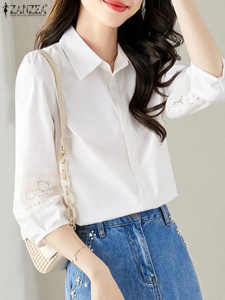 

ZANZEA Summer Casual Street Shirt Fashion Lace Patchwork Blouse Woman Lapel 3/4 Sleeve OL Tunic Tops Elegant Vintage Chemise