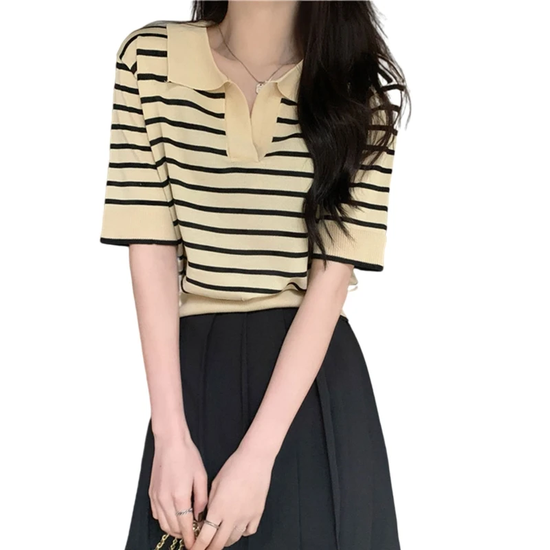 

Women Half Sleeve Knitted Crop Top Classic Lapel V-Neck Contrast Color Striped T-Shirt Casual Loose Pullover Jumper