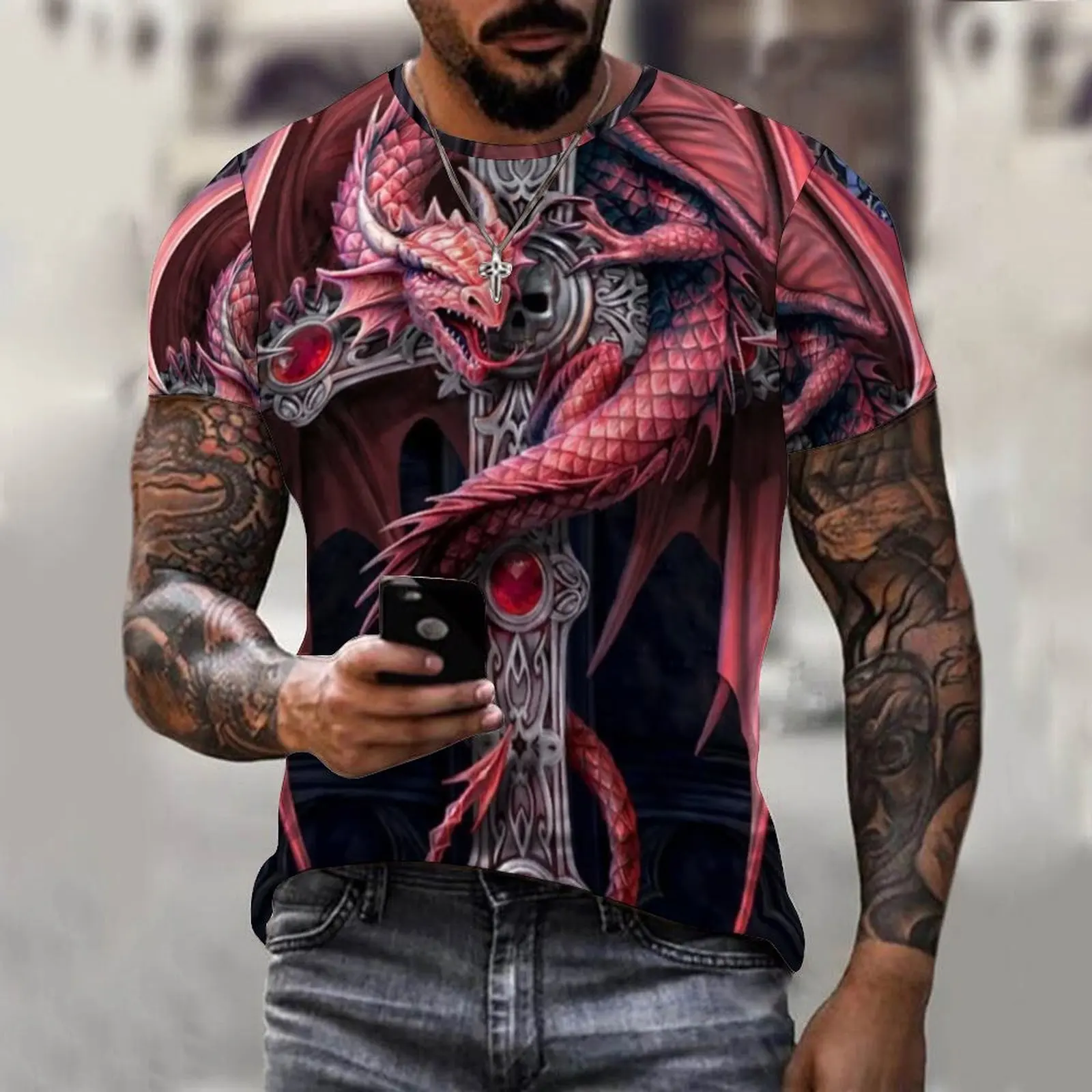 

2022 3D T SHIRT Viking Tattoo Dragon Super Hot Large Men's T Shirt Short Sleeve Polyester Casual Hip Hop Top Summer Free 130-6XL