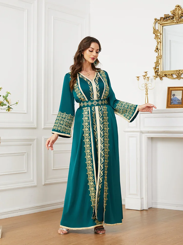 

Muslin 2 Pieces Set with Belt Morocco Caftan Kaftan for Wedding Party Ramadan Green Easter Sunday Pentecost Kaftan Dress