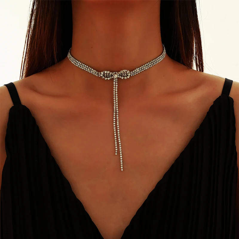 

New Temperament High-end Bow Diamond Tassel Collarbone Necklace For Women Korean Fashion Necklaces Birthday Party Jewelry Gifts