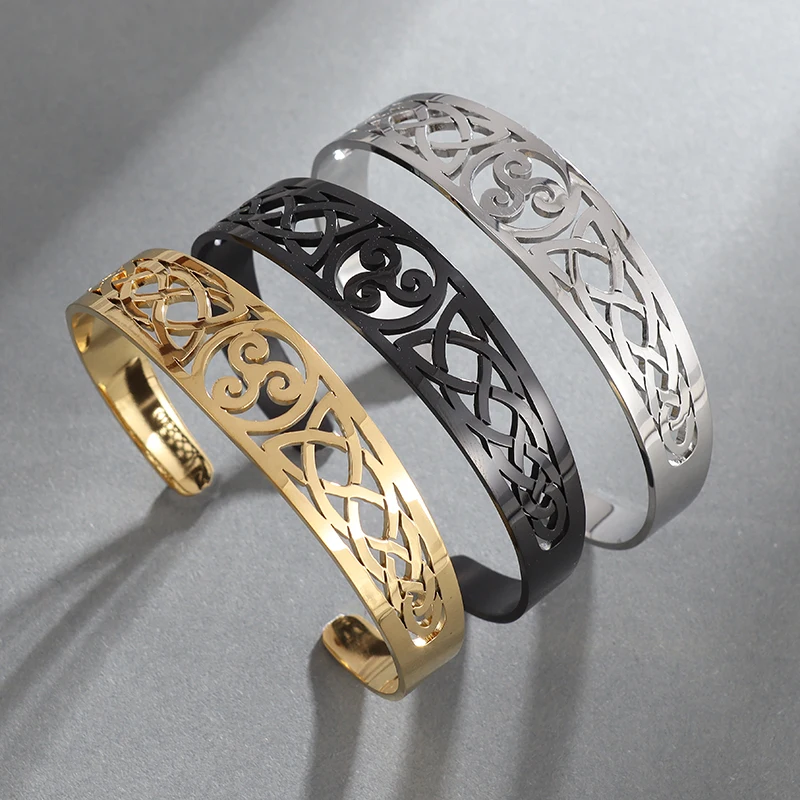 

Stainless Steel Celtic Knot Viking Triskelion Triple Spiral Triskele Cuff Bracelet for Men Women Nordic Adjustable Jewelry Charm